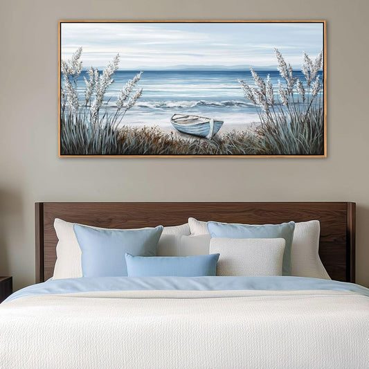 AJAZIKO Beach Vintage Wall Art Pictures for Living Room Coastal Artwork for Walls Ocean Bedroom Wall Decor Above Bed Landscape Beach Canvas Wall Art Featuring Boat, Farmhouse, Seascape 24×48IN