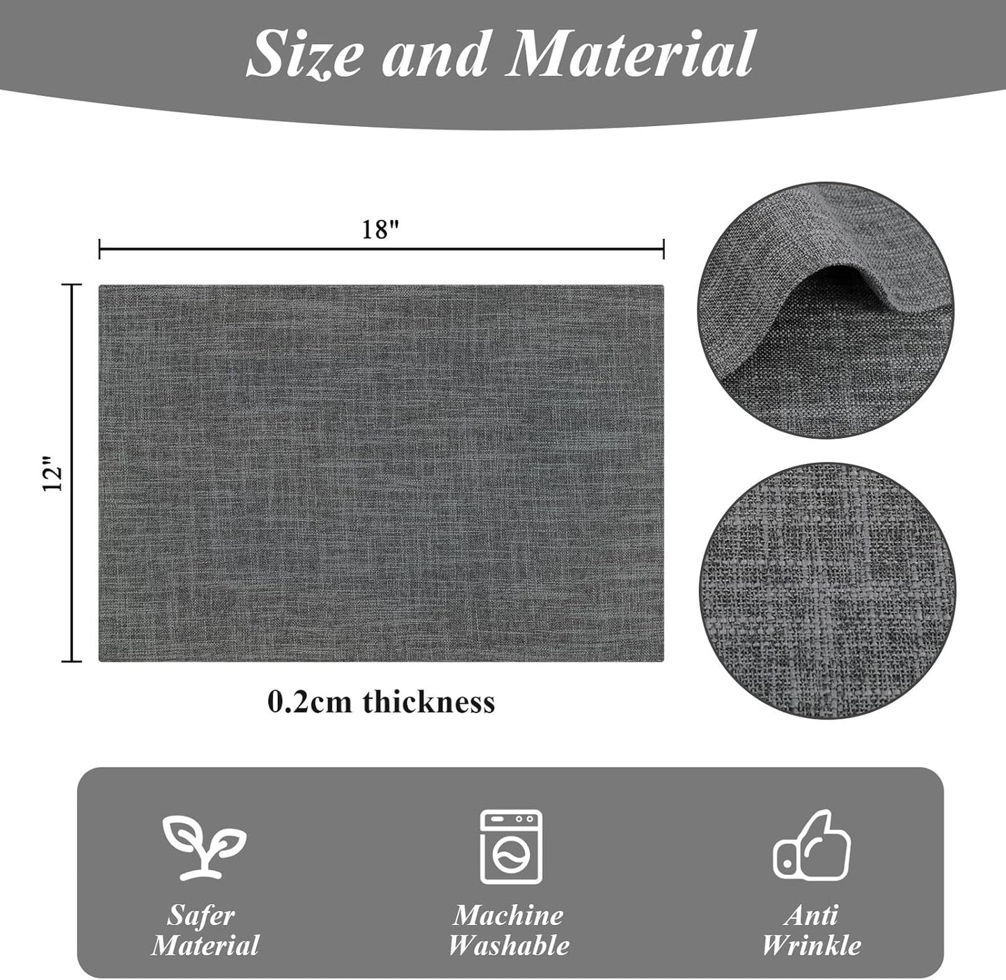 SHACOS Woven Fabric Placemats Set of 4 Heat Resistant Place Mats Non Slip Washable Double Layer Cloth Placemats Reversible Table Mats Kitchen Dining Table Decor (4, Dark Grey)