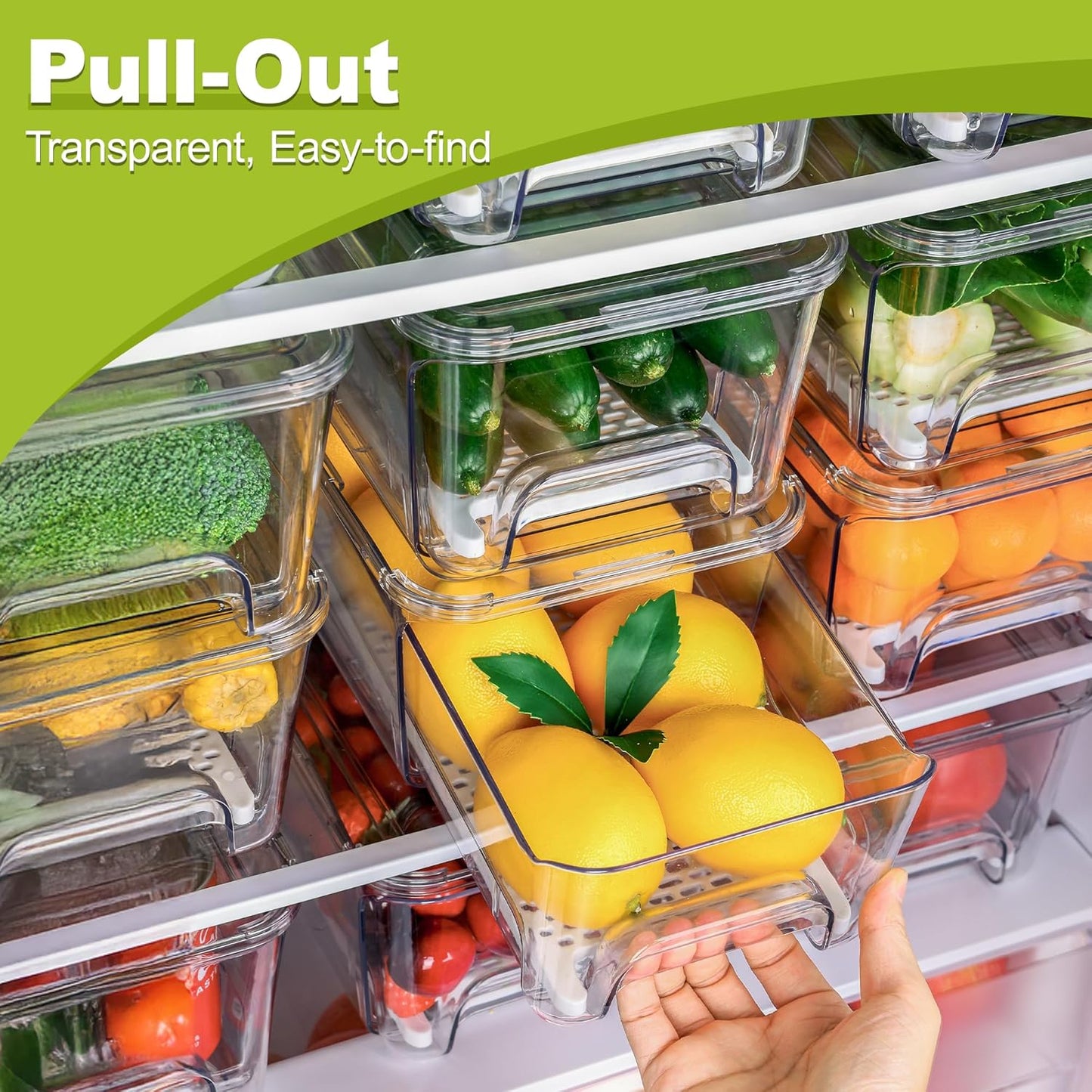 6-Pack Fridge Drawer Organizer, Pull-out Stackable Refrigerator Organizers and Storage, Clear Fruit Storage Containers Bins with Drain Tray for Kitchen Cabinet, Pantry Organization