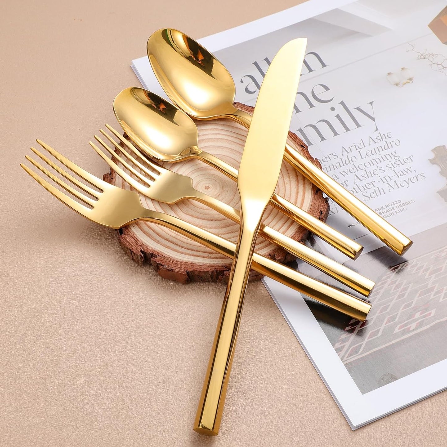 Mirror Silverware Set Gold Flatware Set with Hexagon Handle 20 Pieces 18/0 Stainless Steel Cutlery Set Wedding Housewarming Gift Service for 4 (Mirror gold)