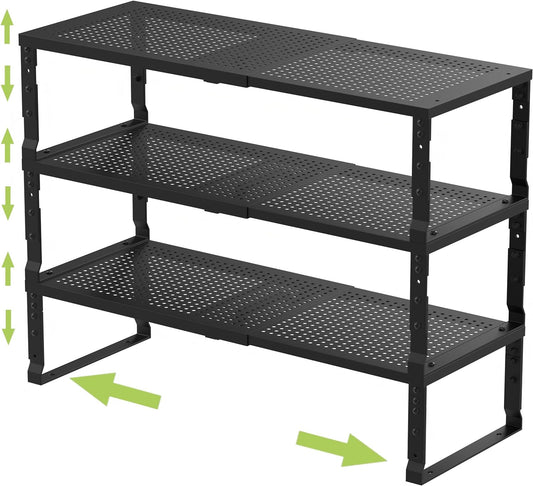 Expandable Adjustable Stackable Kitchen Organizer, Spice Rack,Metal Pantry Storage Shelves Racks,Counter Shelf for Cabinets, Countertop, Cupboard (3 Packs/Medium/Black)