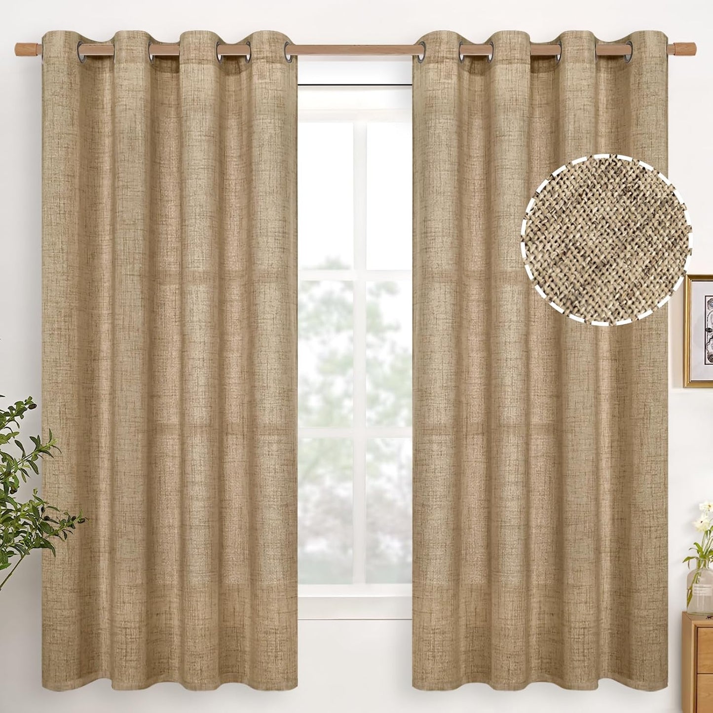 YoungsTex Burlap Linen Curtains 63 Inch Length 2 Panels for Bedroom, Toffee Tan Semi Sheer Drapes Textured with Bronze Grommet Light Filtering for Living Room Farmhouse, 52 X 63 Inch