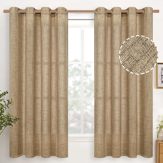 YoungsTex Burlap Linen Curtains 63 Inch Length 2 Panels for Bedroom, Toffee Tan Semi Sheer Drapes Textured with Bronze Grommet Light Filtering for Living Room Farmhouse, 52 X 63 Inch