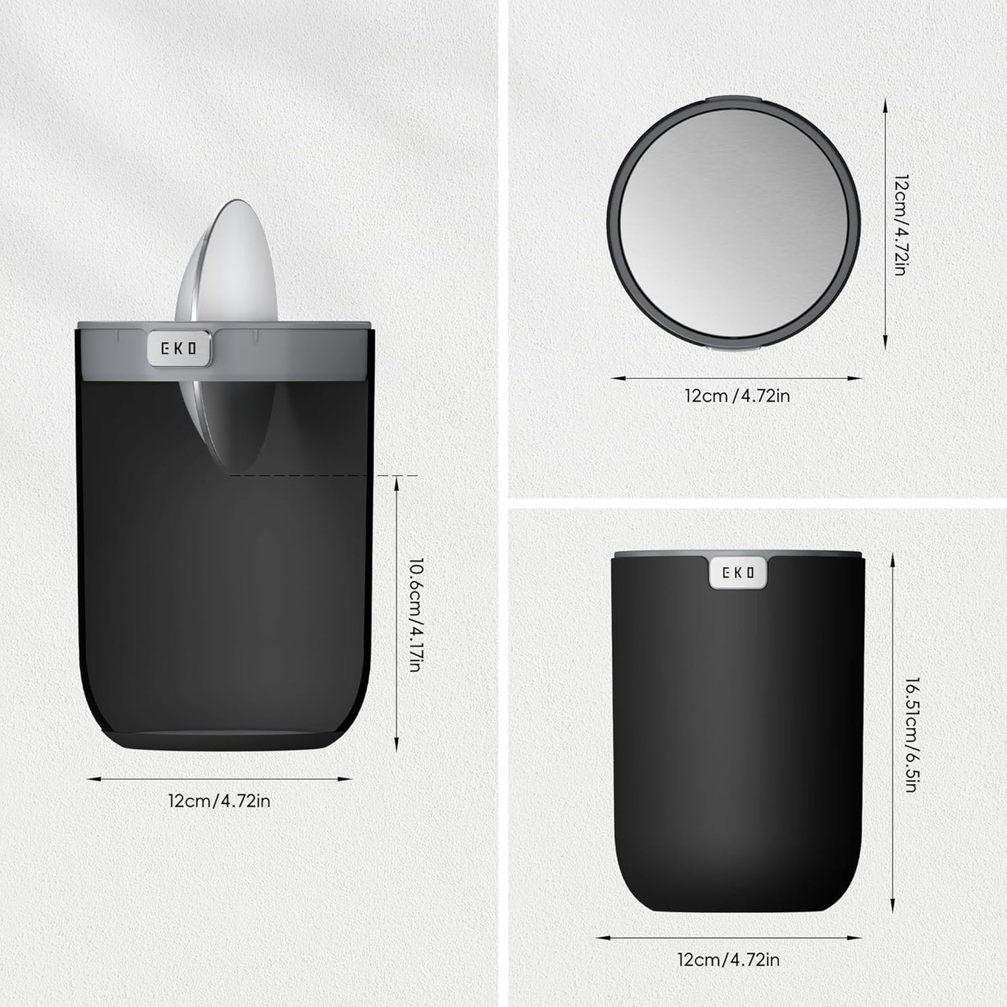 EKO Mini Desk Trash Can with Swing-Top Lid 0.4 Gallon Small Table Round Wastebasket for Office, Home, Car (Black)