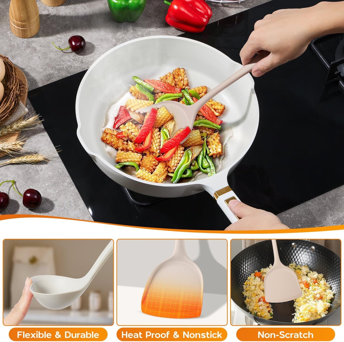 Onader Kitchen Cooking Utensils Set, 10 Pcs Silicone Non Toxic Cooking Utensils Set, Heat Resistant & Nonstick Cookware Friendly - 2 Mixed Color (Khaki & White)