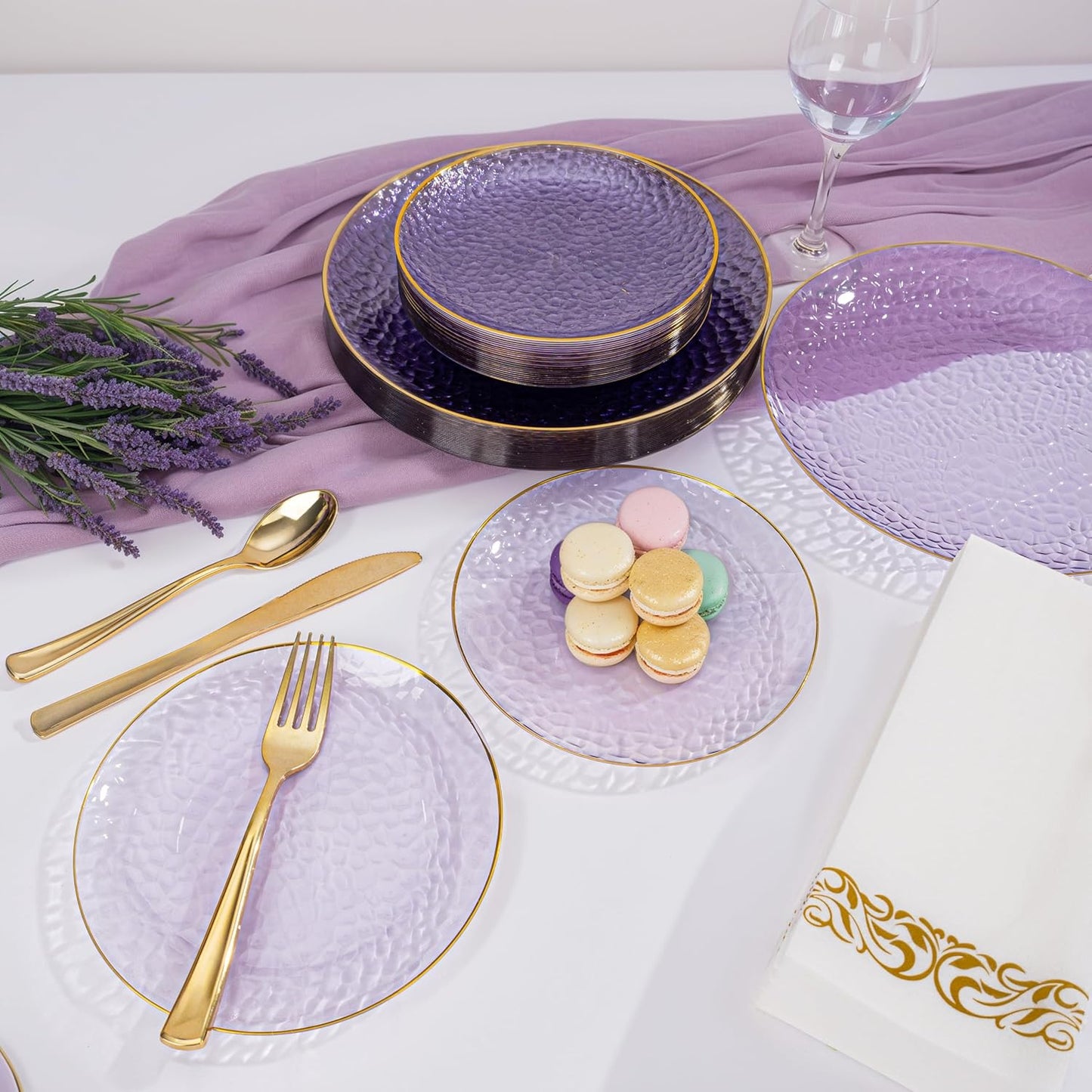 DaYammi 350 Pcs Clear Purple Gold Plastic Plates, Hammered Disposable Dinnerware, Clear Purple Plates Set Include 100 Plastic Platos, 150 Gold Disposable Silverware, 50 Cups And 50 Napkins for Party