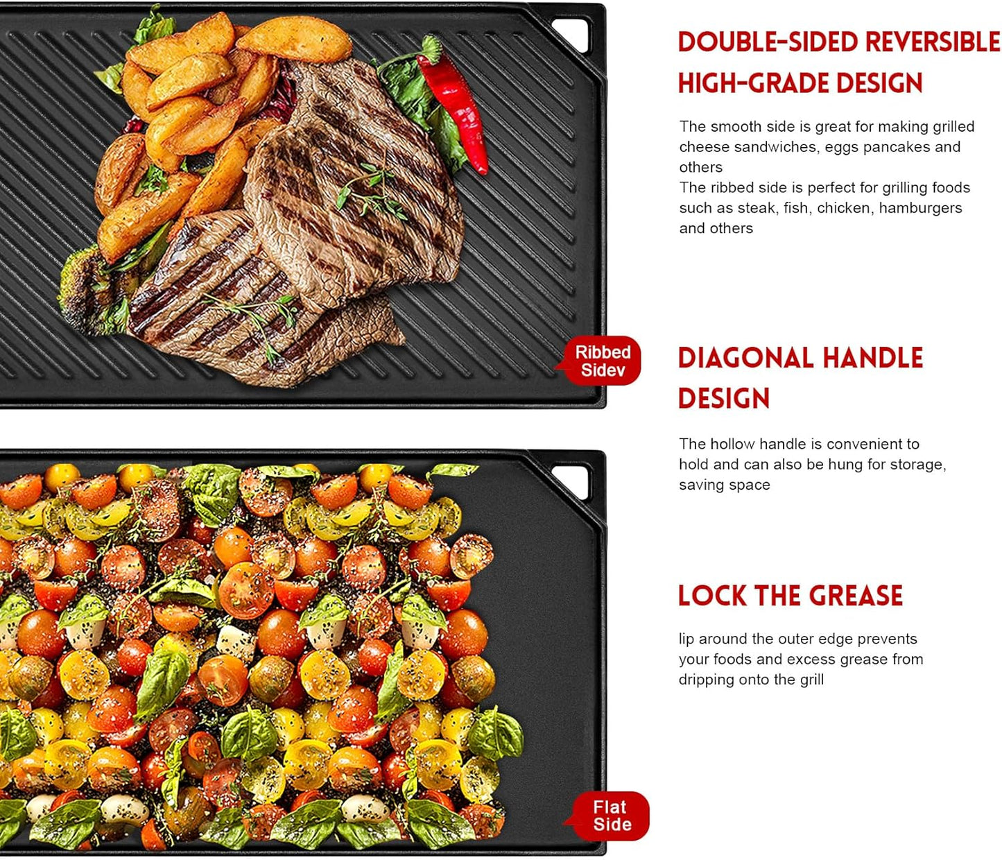 GGC Reversible Cast Iron Griddle, Double-sided Griddle Pan for Stove Tops, Gas Grills and Outdoor Cooking, 16.5 x 9.5 Baking Flat and Ribbed Griddle Plate