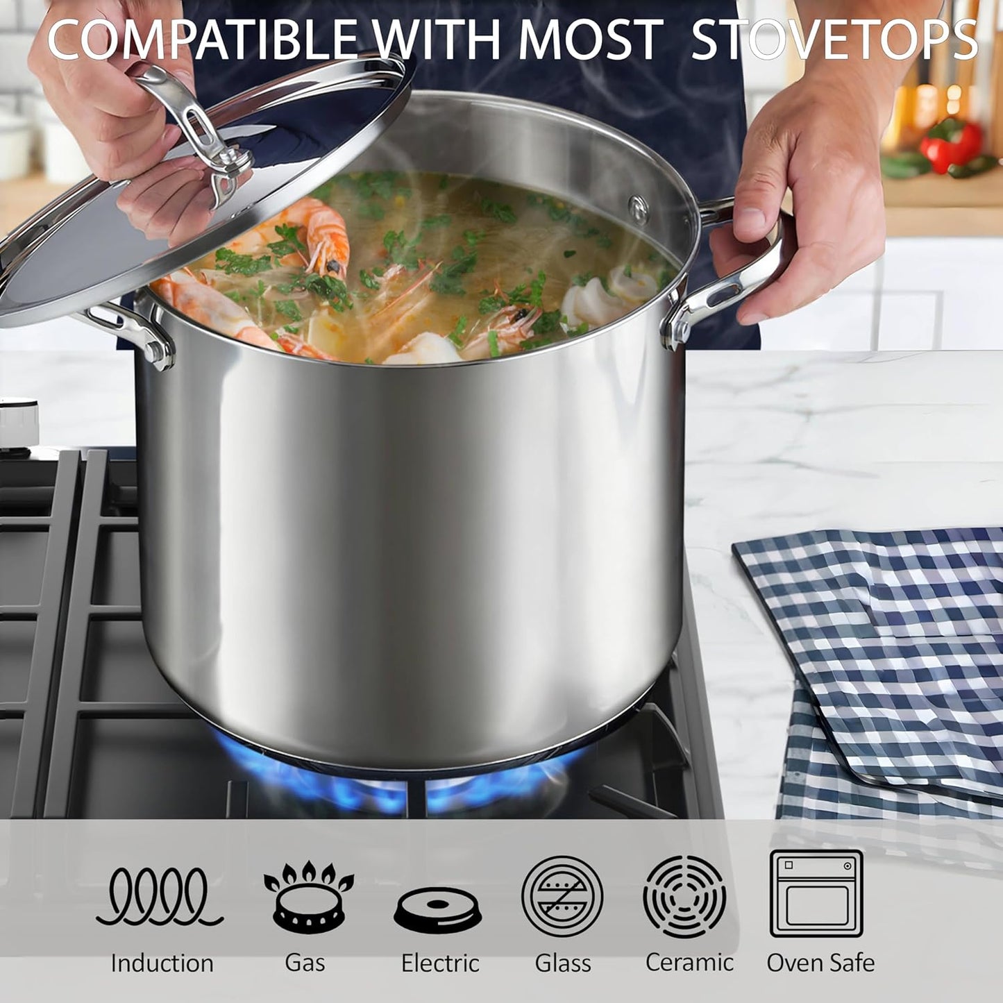 Cooks Standard 18/10 Stainless Steel Stockpot 12-Quart, Classic Deep Cooking Pot Canning Cookware with Stainless Steel Lid, Silver