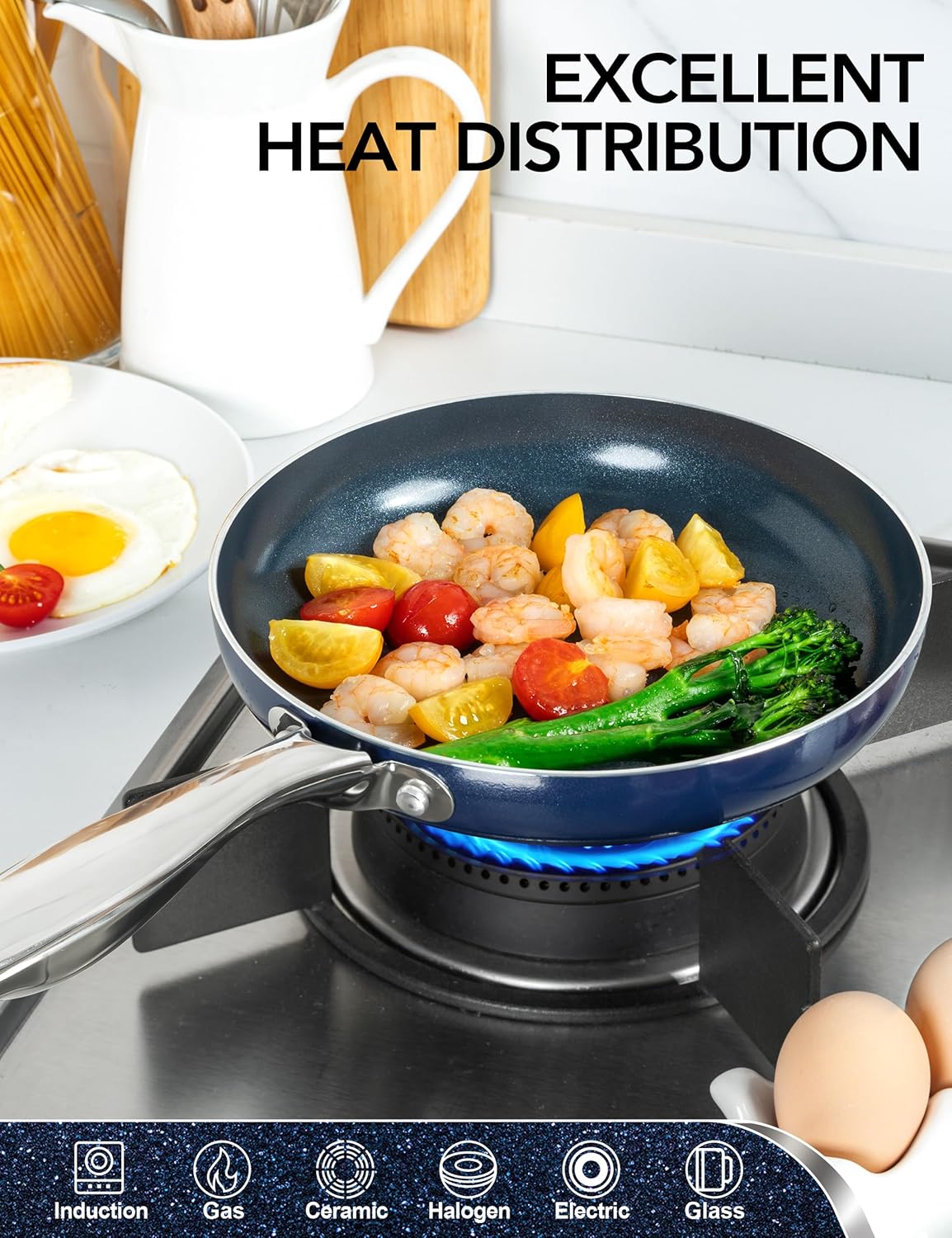 MICHELANGELO 12 Inch Frying Pan with Lid, Blue Frying Pan with Nonstick Diamond Infused Coating, Nonstick Frying Pans, Ceramic Fry Pan, Non-Toxic