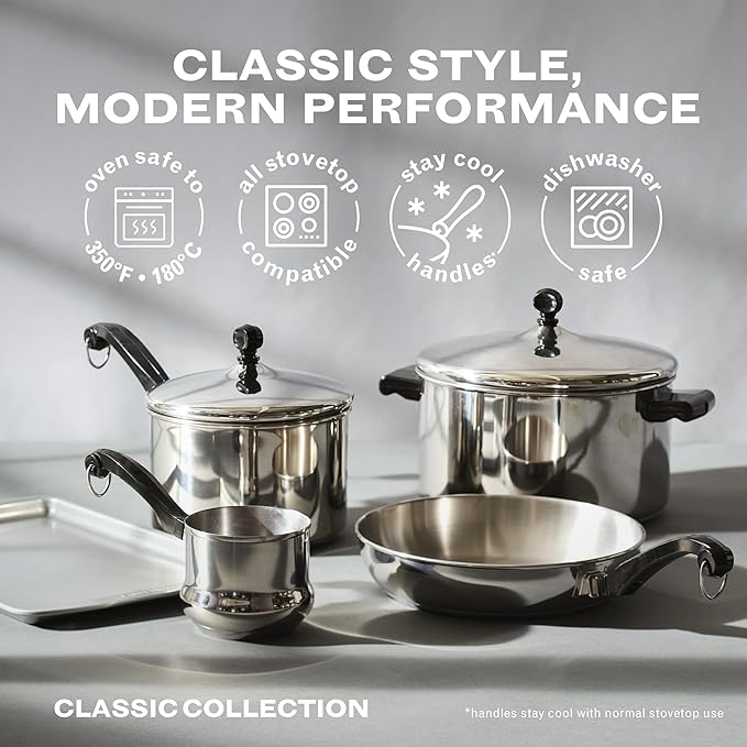 Farberware Classic Series Stainless Steel Pots and Pans with Baking Sheet Pan, Cooking Tools, and Lids, Induction Ready, Dishwasher Safe, 10 Piece Cookware Set, Metal Utensil Safe - Stainless Steel