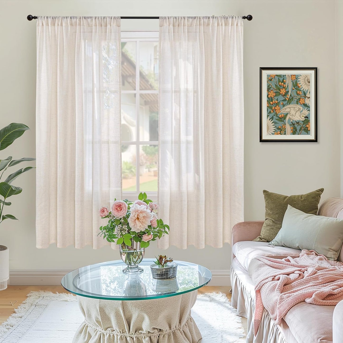 BGment Oatmeal Linen Curtains 63 Inches Long for Bedroom Windows, Sheer Drapes Lightweight Rustic Country Textured for Farmhouse Living Room Decor Rod Pocket, 2 Panels Set, Each 42 Inch Wide