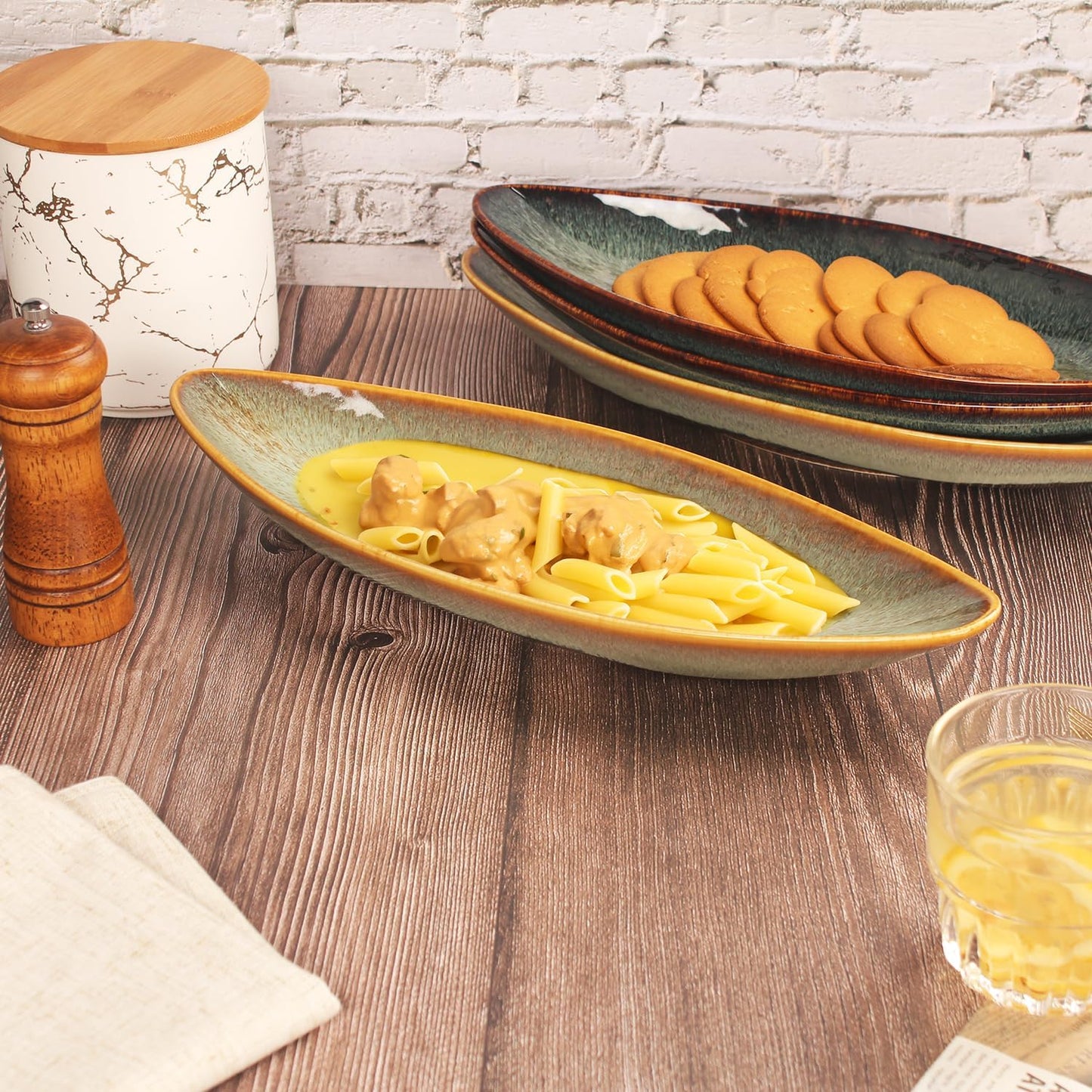 Serving Platter Olives Plate Large Tray Set of 4, For Entertaining Porcelain Trays, Salad, Appetizer, Pasta,Microwave, ovens dishwashers Safe,Brown reactive glaze 15.4 Inch