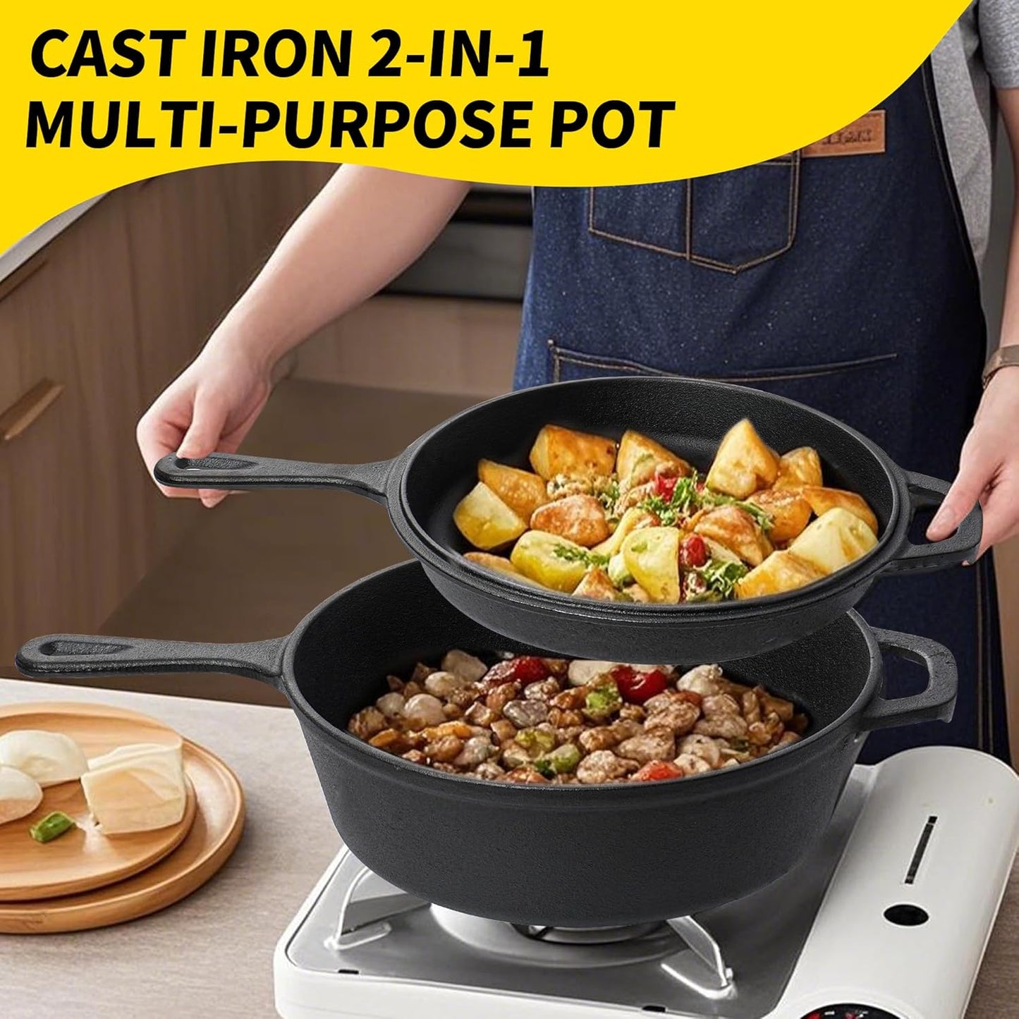 Vivicreate 2 in 1 Cast Iron Dutch Oven Pot with Skillet Lid Pre Seasoned Multi Cooker for Baking Frying Roasting Camping Compatible with All Stoves olla de hierro fundido sartén