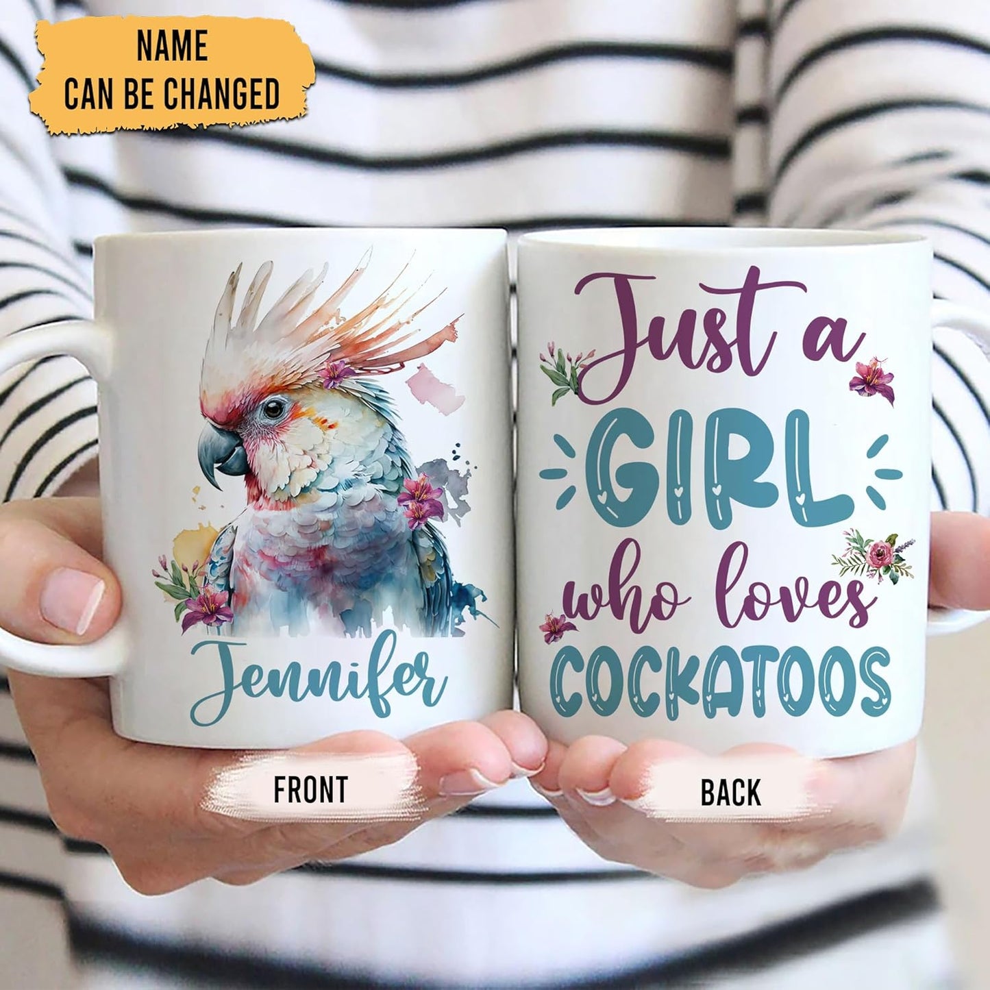 Hyturtle Personalized Gifts Cockatoo Lover - Just A Girl Who Loves Cockatoos Custom Name Ceramic Coffee Mug Cup 11oz - Idea Cute Animal Lover Gifts For Women, Girl Daughter On Birthday, Christmas