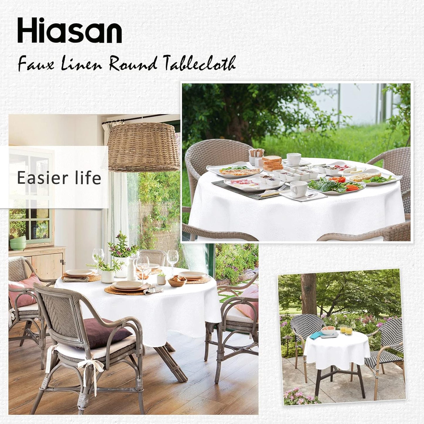 Hiasan Round Linen Table Cover 90 Inch - Wrinkle and Stain Resistant Washable Polyester Fabric Table Cloth for Dining Room Kitchen Party, White