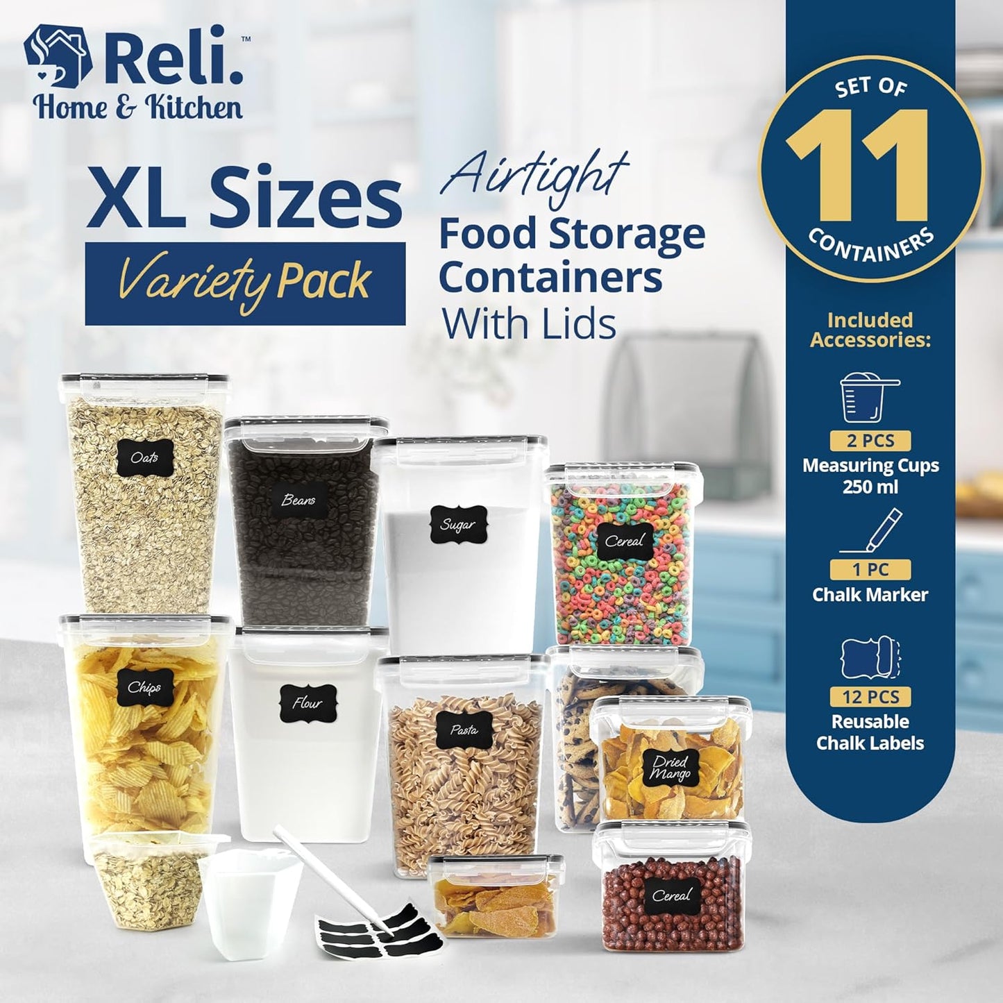 Reli. Airtight Food Storage Containers with Lids (11 Sets) | Kitchen Organizers and Storage Pantry Organizers | BPA Free Plastic Food Container XL Size Variety Pack w/ 2 Measuring Cups, 12 Labels, Pen