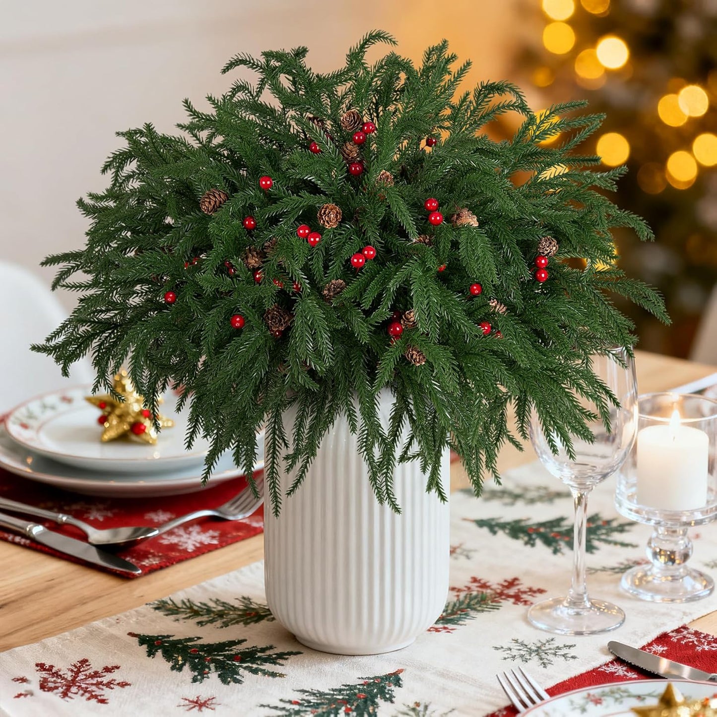 Artificial Norfolk Pine Stems for Christmas Decorations, 10 Pcs 18 inch Fake Pine Cone Branches Red Berry for Vases Garland Real Touch Faux Greenery Evergreen Plants for Xmas Home Decor Indoor