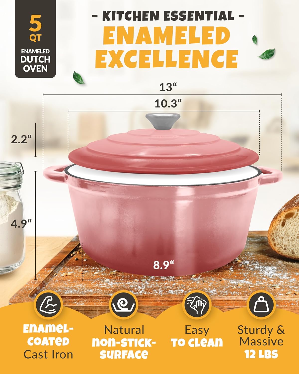 Dutch Oven for Bread Baking - incl. Sourdough Bread-Baking Supplies like Banneton Bread-Proofing Basket - 5QT Enameled Cast Iron Bread-Oven with Lid, Baking Pan, Scoring Tool Lame