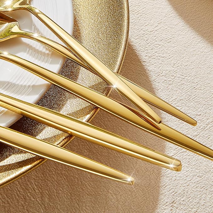 KINGSTONE Silverware Set, 40-Piece Flatware Set Cutlery Set Premium 18/10 Stainless Steel, Tableware Include Forks Knives Spoons for Home Kitchen Restaurant Wedding, Dishwasher Safe, Gold