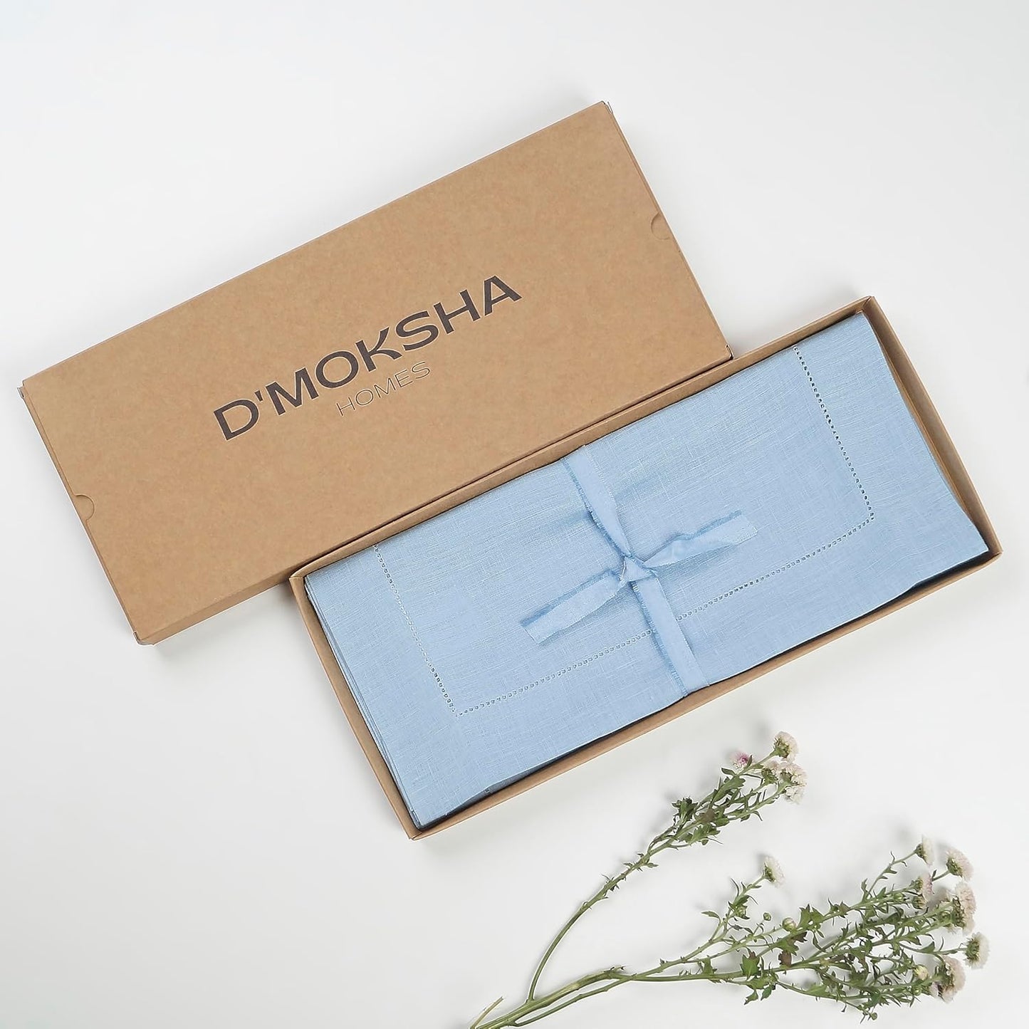 D'Moksha Homes Linen Powder Blue Table Runner 48 Inches - Classic Hemstitch, 100% Pure Linen Coffee Table Runner 14 x 48 Inch Ideal for Dresser Tables - Fall, Autumn and Halloween