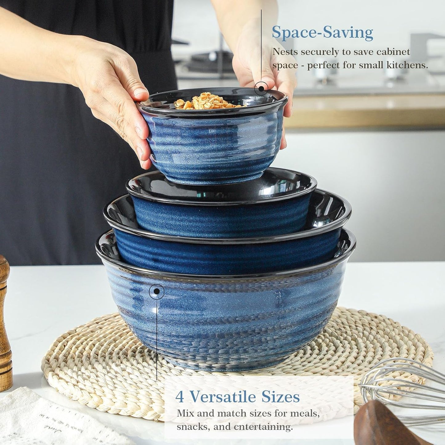 Hasense Mixing Bowls Set, Porcelain Large Salad Bowls for Cooking, Baking, Prepping, Serving, Blue Nesting Dishes for Housewarming Gift, Microwave Dishwasher Safe, 2.8/2.1/1.0/0.5 Qt