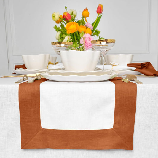 Solino Home Linen Table Runner 36 Inches - 100% Pure Linen Cinnamon and White Small Table Runner 14 x 36 Inch Ideal for Dresser and Coffee Tables - Contempo - Fall, Autumn, Halloween, Thanksgiving