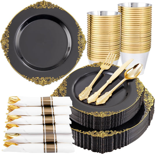 Nervure 175PCS Black Plastic Plates - Disposable Black Gold Party Plates & Pre Rolled Napkins with Cutlery for 25 Guests, 50Plates, 75Silverware, 25Cups, 25Napkin for Wedding & Party & New Year