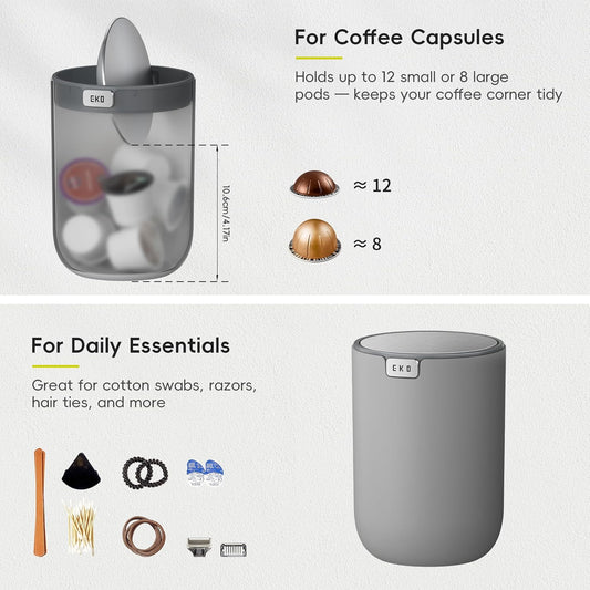 EKO Mini Desk Trash Can with Swing-Top Lid 0.4 Gallon Small Table Round Wastebasket for Office, Home, Car (Grey)