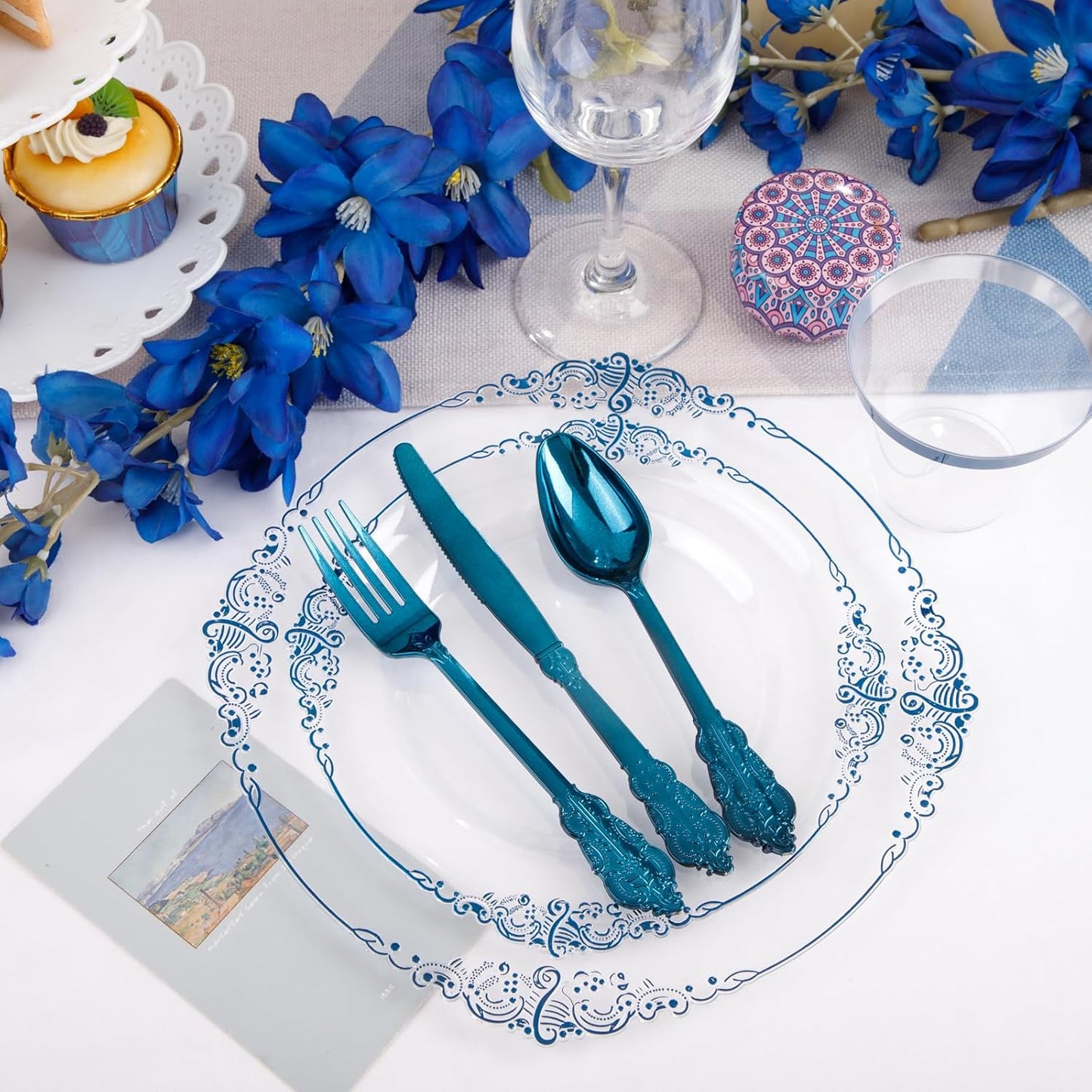 Hioasis 350pcs Clear Blue Plastic Plates - Elegant Disposable Dinnerware Set Suitable for 50 Guests Include 10.25" Dinner & 7.5" Dessert Plates, Pre Rolled Silverware Set, Cups for Party & Wedding