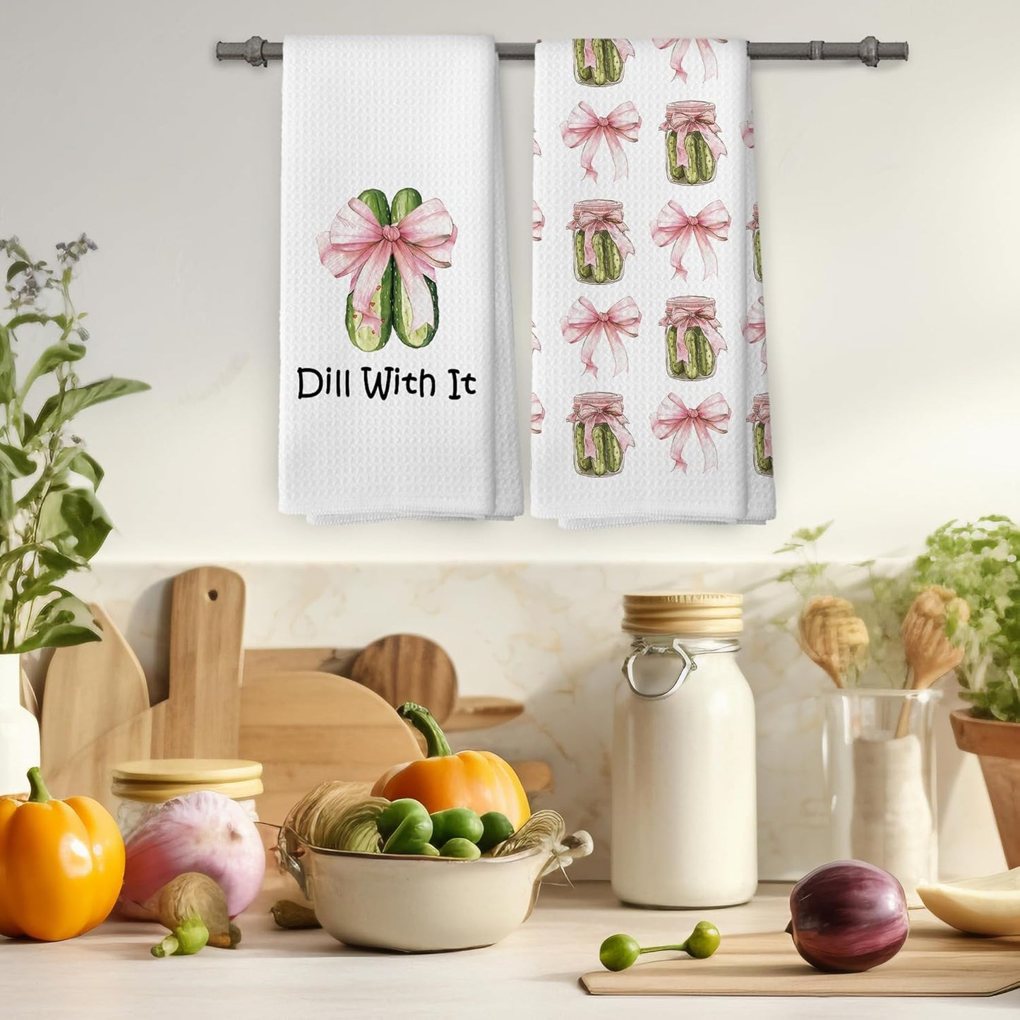 Coquette Pink Bows Pickle Jars Kitchen Towels Set of 2, Cucumber Pickle Lovers Hand Towel, Dill with It Funny Pickle Gifts, Pickle Party Kitchen Decorative Tea Towel Dish Towels 16x24 Inch