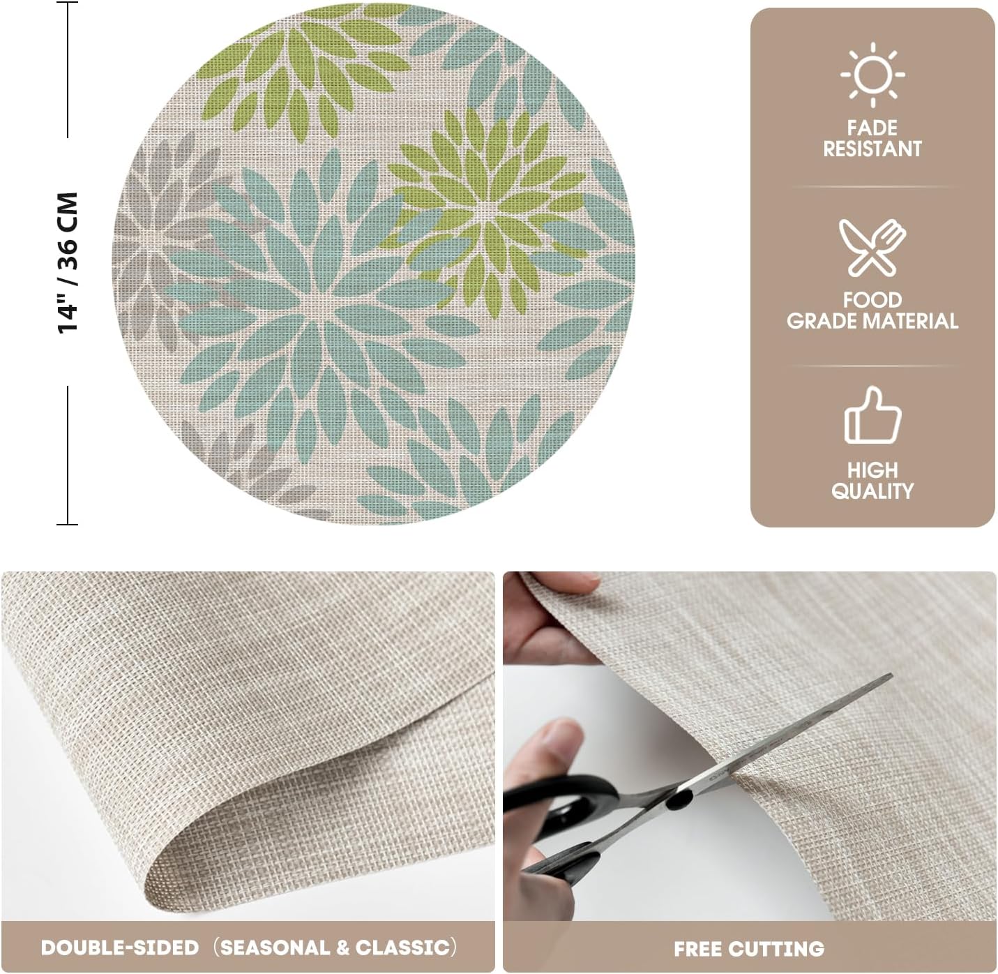 Artoid Mode Light Green Dahlia Plastic Round Placemats Set of 4, 14 Inch Seasonal Wipeable Woven Vinyl Table Mats for Farmhouse Party Kitchen Dining Decor