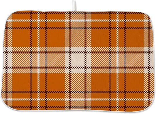 Fall Dish Drying Mat 18 x 24 inch Autumn Orange Buffalo Plaid Themed Decorative Drying Mats Microfiber Absorbent Dish Washable Draining Mat for Kitchen Counter Decor