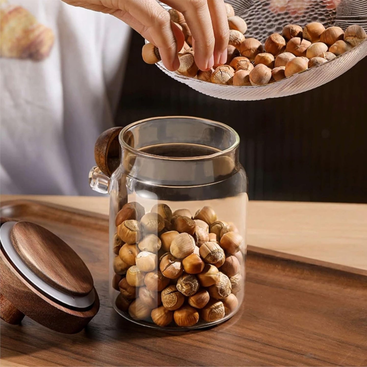 Glass Food Storage Jar with Wooden Lid and Spoon, Airtight Container for Cereals, Cookies, Snacks, Kitchen Canister Set (Medium(600ml/20.3oz))