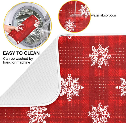 White Snowflake Pattern on Red Dish Drying Mat Super Absorbent Drying Mat 18x24 inch Large Dish Drying Mats for Kitchen Counter Dish Drying Pads Kitchen Drying Matt for Countertop
