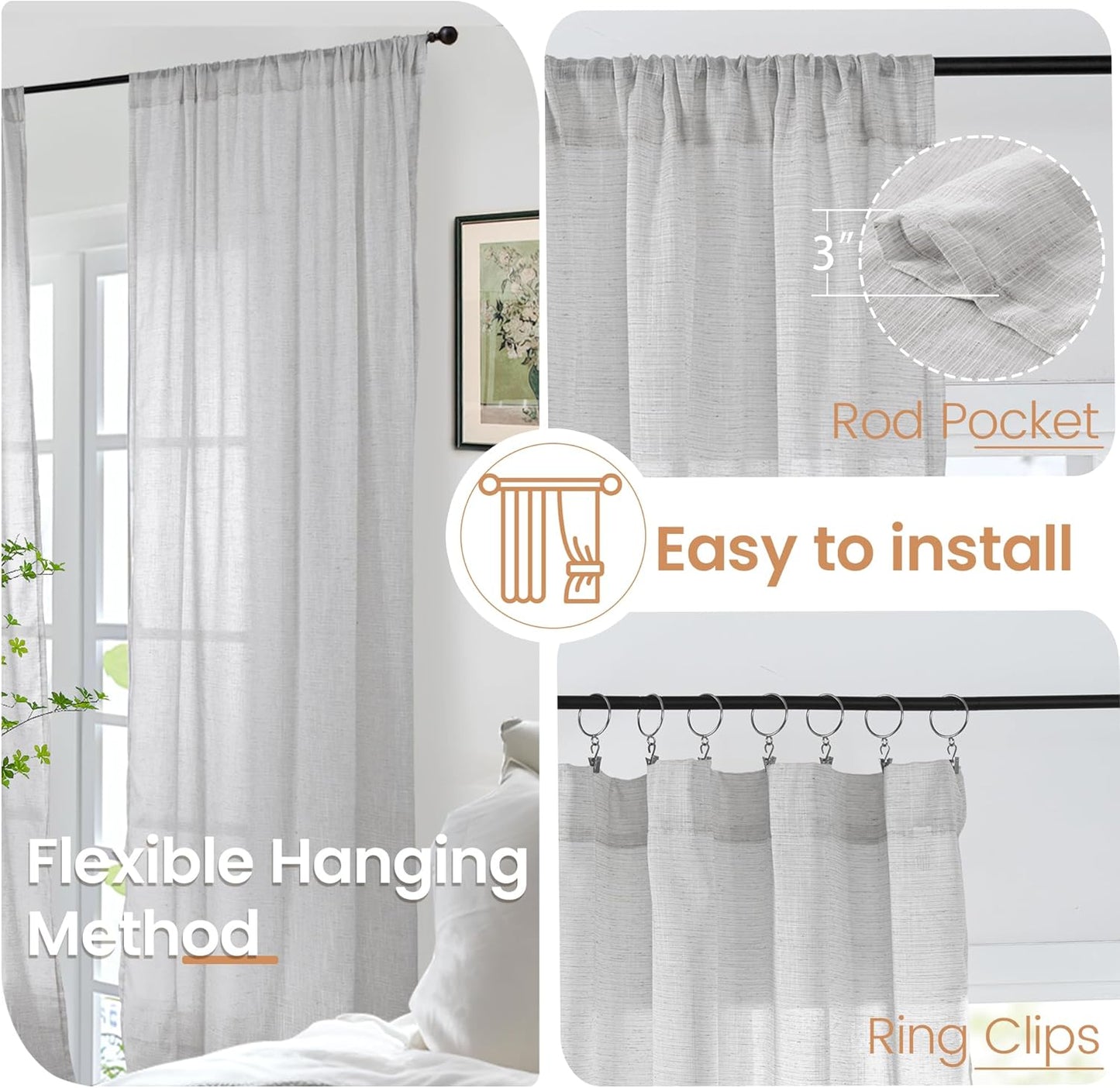 BGment Light Grey Linen Curtains for Living Room 84 Inch Length - Light Filtering Window Drapes Rod Pocket for Bedroom Farmhouse Natural Textured Sheer Lightweight Rustic, 2 Panels Set, 52 X 84 Inch