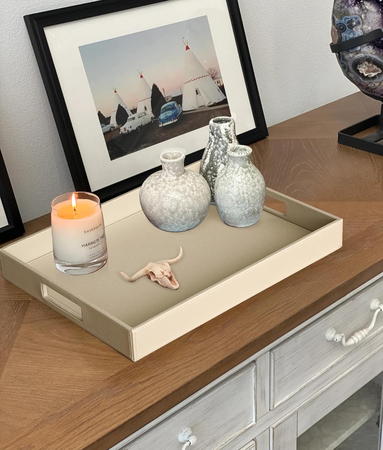 HofferRuffer Rectangle Serving Tray with Hole Handles for Coffee Table, Breakfast, Tea, Food, Butler - Countertop, Kitchen, Vanity Serve Tray, 16.2 x 12.2 x 2 inches, Faux Leather (Dark CreamWhite)