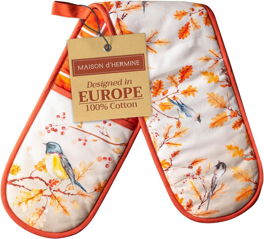 Maison d' Hermine Double Oven Mitt (7" x 35") 100% Cotton Heat Resistant BBQ Cooking Gloves with Loop for Thanksgiving Christmas Decorations Baking Cooking Barbeque Handling Hot Pan (Oak Leaves)