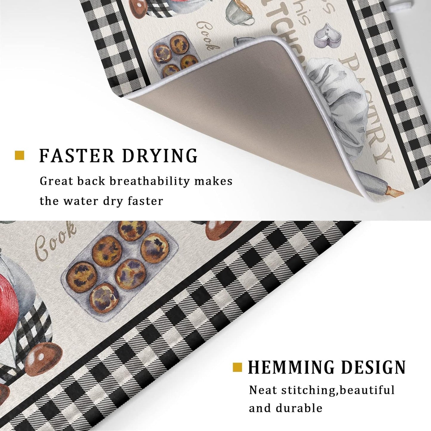 Chef Gnome Dish Drying Mats for Kitchen Counter 18x24 inch, Buffalo Plaid Cooking Utensils Absorbent Dishes Drainer Mat, Reversible Microfiber Quick Dry Rack Pad with Hanging Loop