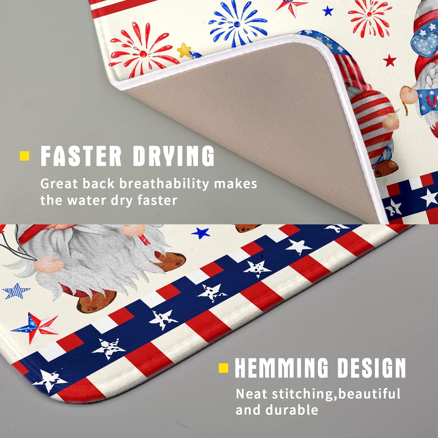 American Gnomes Dish Drying Mat 16x18 for Kitchen Counter, Patriotic Independence Day Decor, Happy 4th of July Microfiber Dishes Drainer Mats Absorbent Foldable Holiday Decor