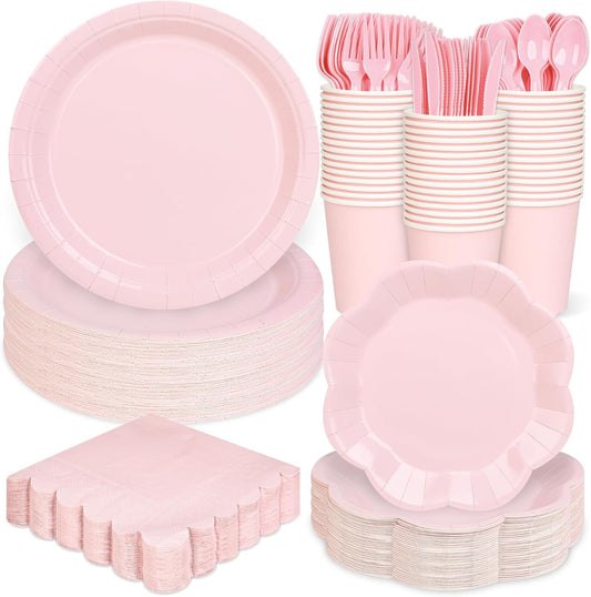 175 Pcs Light Pink Plates Cups and Napkins Set, Pink Scalloped Dessert Plates Party Supplies for 25 Guests Include Disposable Pink Party Plates Napkins Cup Cutlery for Baby Shower Wedding Birthday