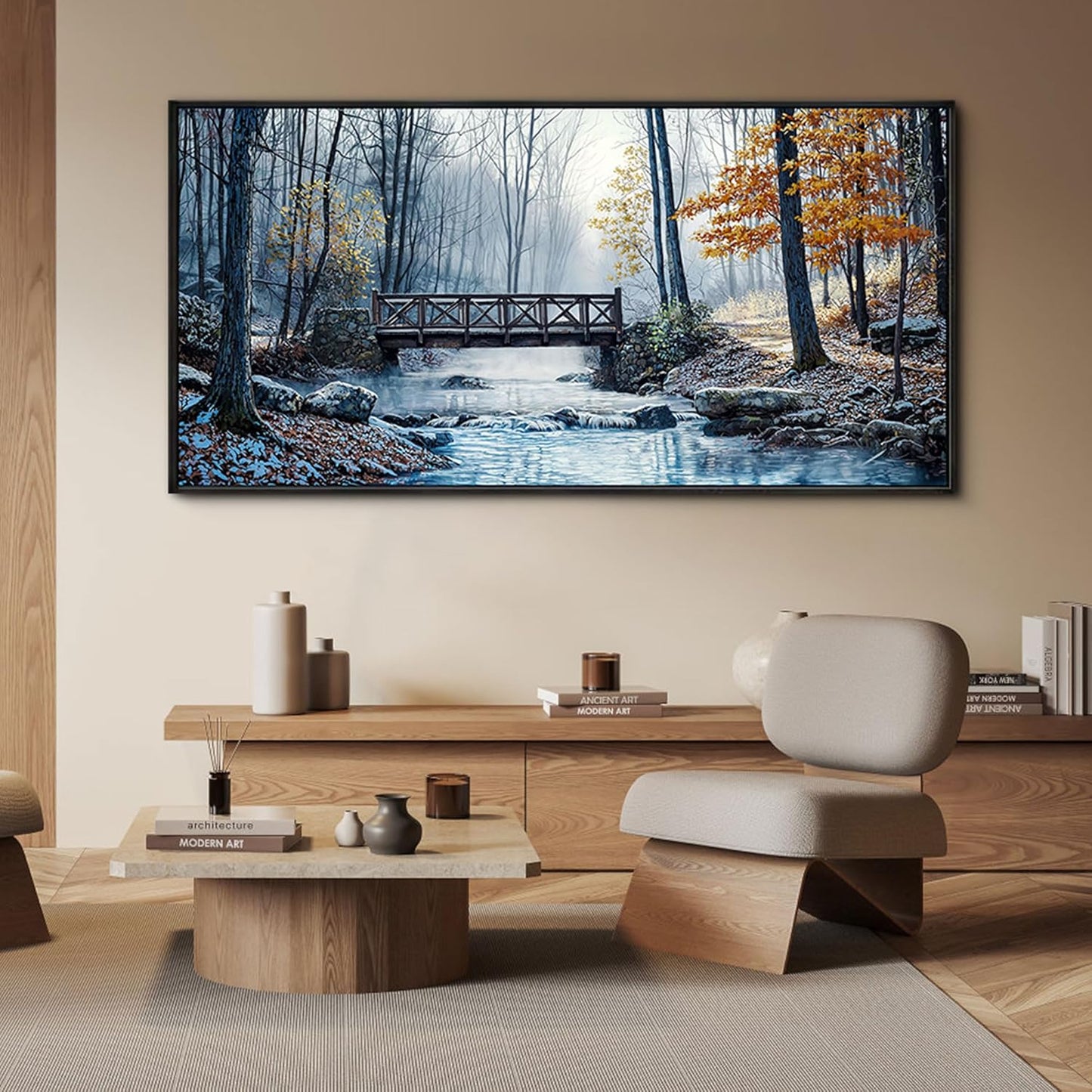yiijeah Living Room Wall Art - Modern Wall Decor for Bedroom Office Decor Mountain Forest Landscapes Village Bridge Painting Framed Canvas Prints Ready to Hang Wall Pictures Home Decor