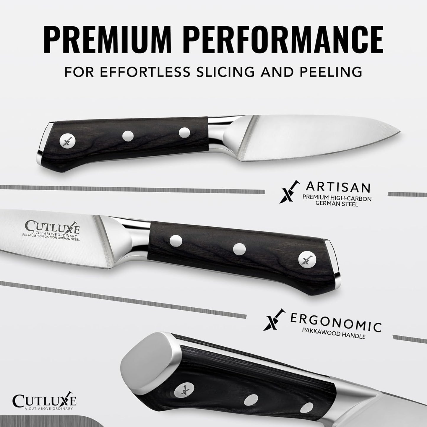 Cutluxe Paring Knife, 3.5" Small Kitchen Peeling Knife with Razor Sharp Blade – High Carbon German Steel, Full Tang, Ergonomic Handle Design – Artisan Series