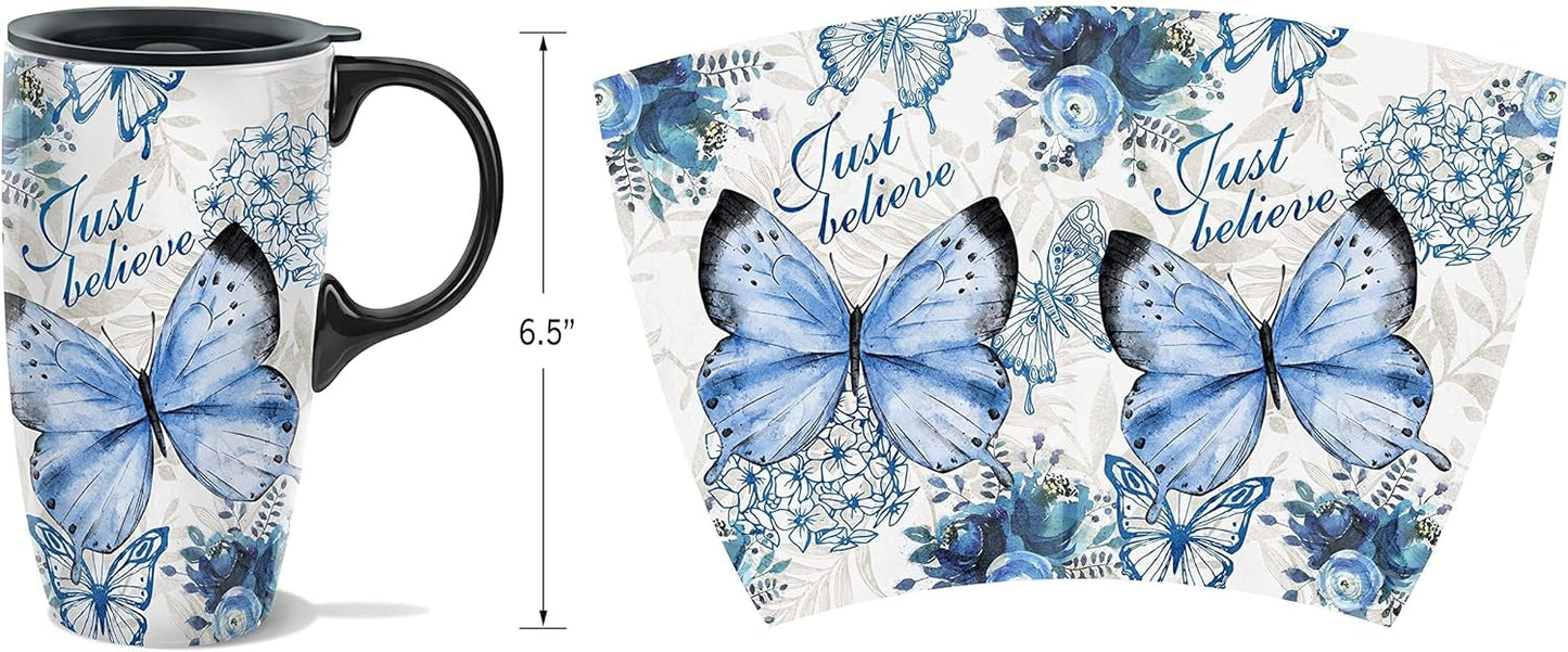 Topadorn Ceramic Travel Mug Coffee Cup with Lid and Matching Box, 17oz Microwave & Dishwasher Safe Coffee Tumbler, Butterfly