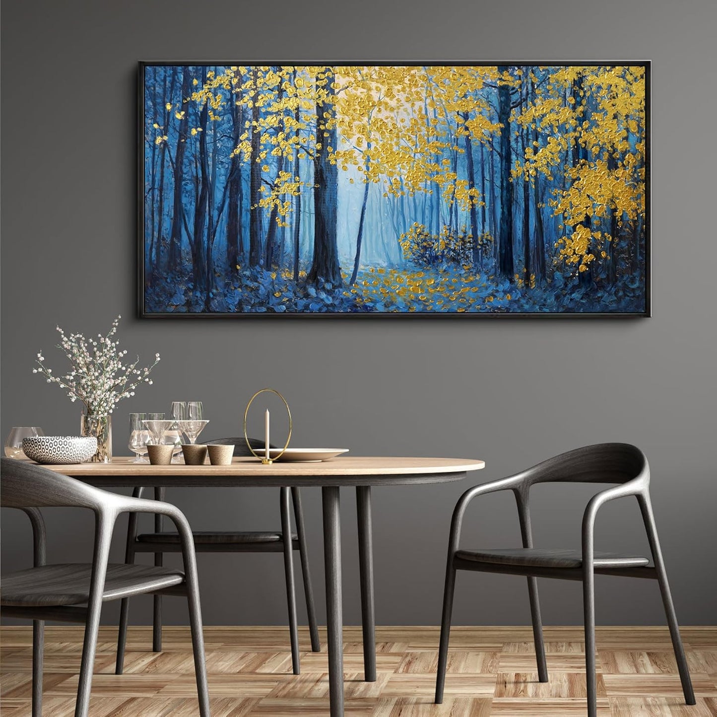 KLAKLA Blue and Gold Tree Wall Art - Birch Tree Forest Painting Pictures Framed Artwork for Living Room Bedroom Office Canvas Print Art Gorgeous Landscape Wall Art Home Decoration - 48x24 Inches