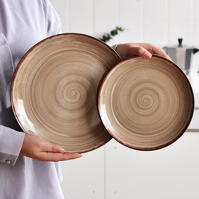 Melamine Dinnerware Sets, Dinnerware Sets for 4, 12Pcs Plates And Bowls Sets, Lightweight and Unbreakable Dish Set for Camping, Picnic,RV, Dishwasher Safe,BPA Free（Brown）