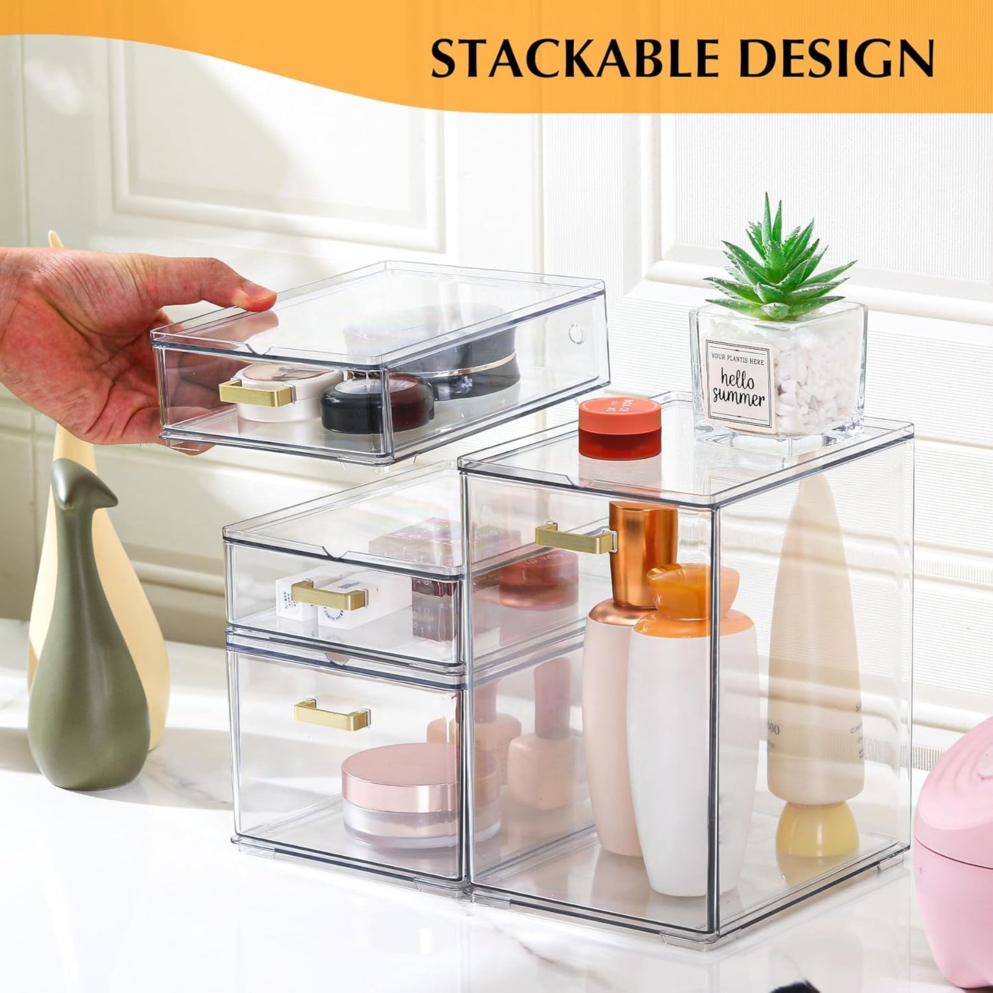 4Pack Stackable Storage Drawers, Clear Plastic Organizer Bins for Bathroom and Office Organization, Perfect for Cosmetic, Beauty Supplies, Accessories