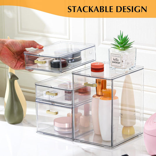 4Pack Stackable Storage Drawers, Clear Plastic Organizer Bins for Bathroom and Office Organization, Perfect for Cosmetic, Beauty Supplies, Accessories