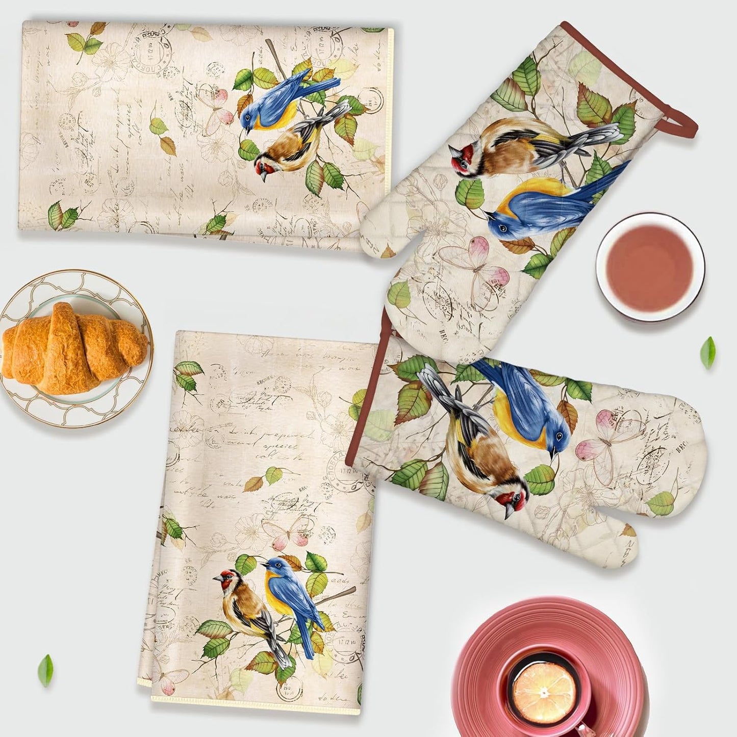 Vintage Bird Kitchen Towels and Oven Mitts Set 4Pcs, Soft Absorbent Dish Cloth Heat Resistant Oven Gloves for Cooking Baking Kitchen Decoration, Gifts for Her