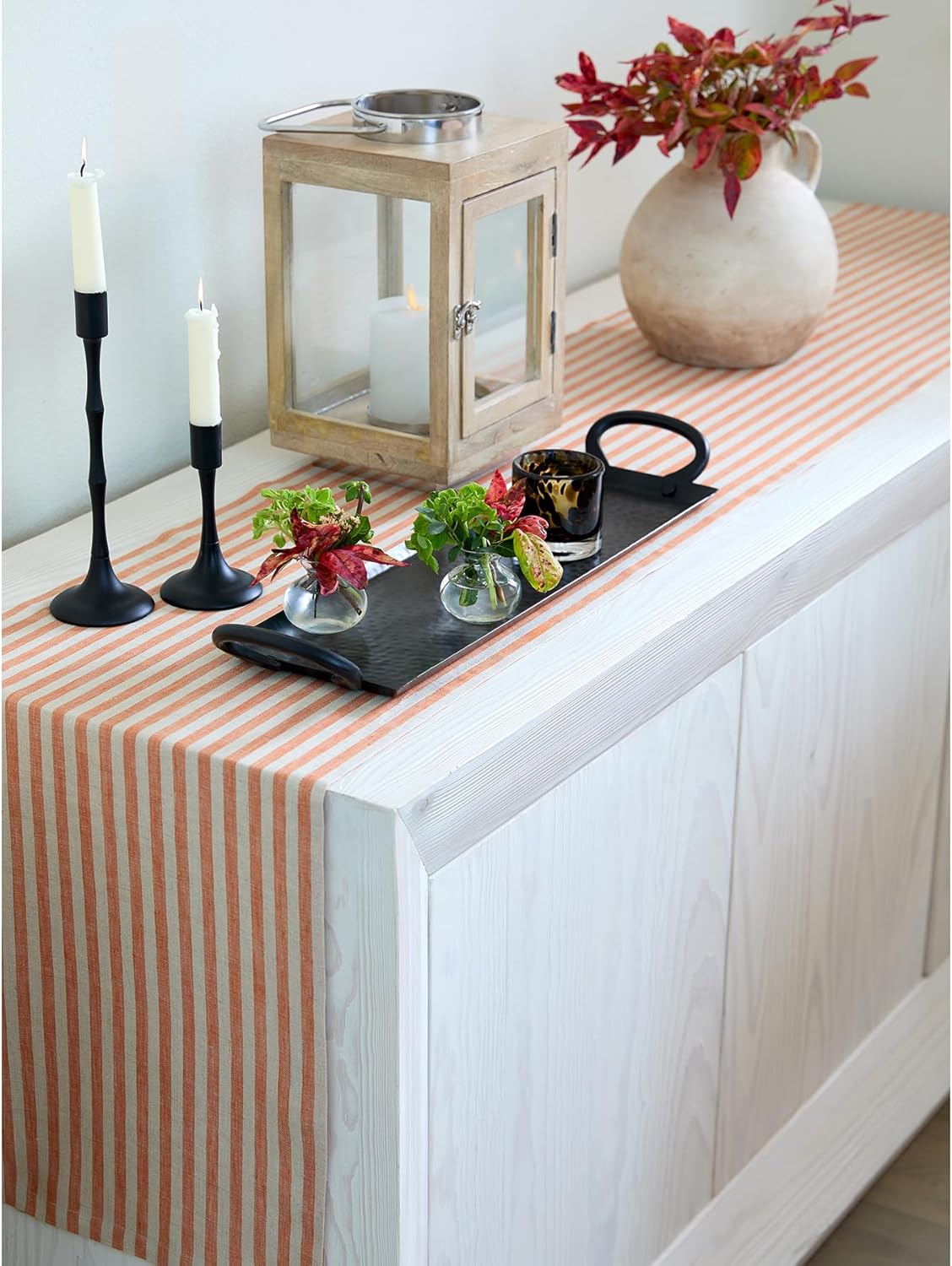 Solino Home Table Runner 36 Inches - Amalfi Stripe 100% Pure Linen Pumpkin and Natural Table Runner 14 x 36 Inch Ideal for Dresser and Coffee Tables - Fall, Autumn, Halloween, Thanksgiving