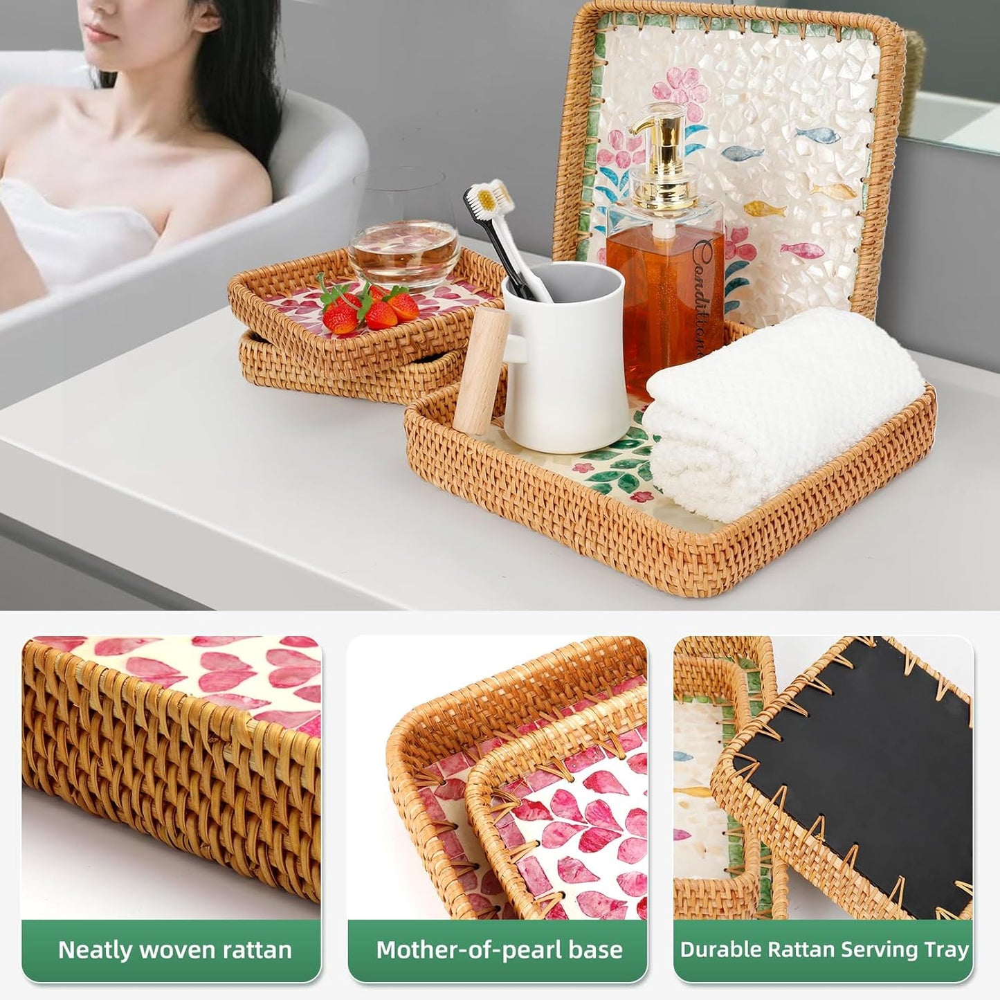 Rattan Tray with Mother of Pearl Inlay, Boho Coffee Table Decor, Decorative Serving Tray, Farmhouse Gift for Living Room & Bathroom